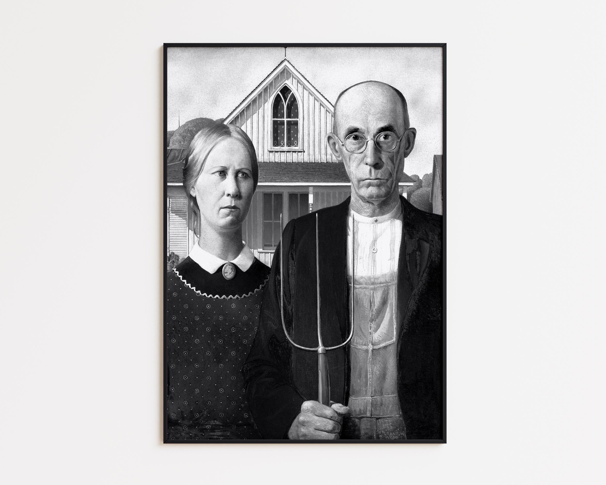 Grant Wood's American Gothic in Black and White Famous Paintings