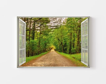 Wall art with open window with path in the forest view | Printable digital download | Print nature landscape decor calm tranquil scene tree