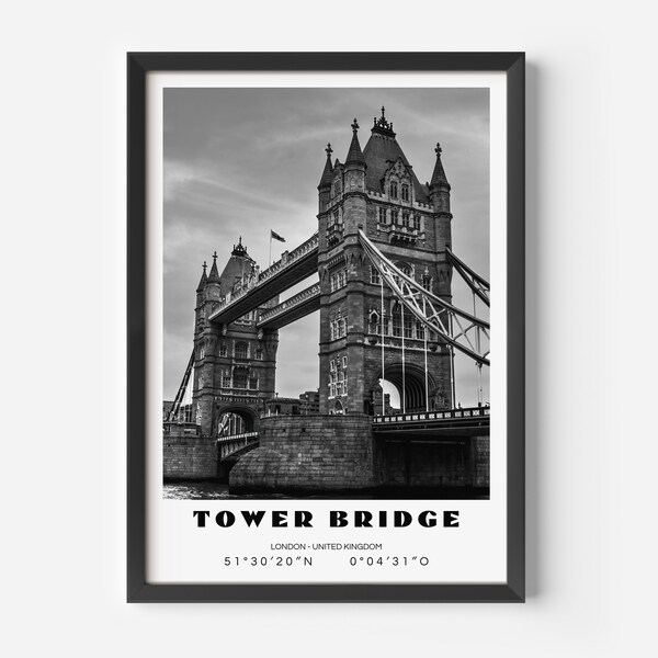 Tower Bridge in London in black and white, travel poster print | Printable digital download | Wall art United kingdom British Uk tourist