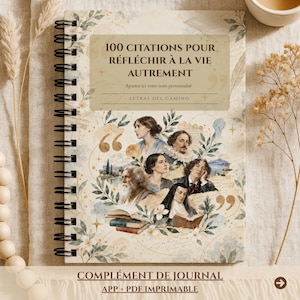 Peut inclure: Un carnet à reliure spirale avec une couverture crème ornée d'un collage de personnages historiques, de livres et de feuillages. Le texte indique 100 CITATIONS POUR RÉFLÉCHIR À LA VIE AUTREMENT, Ajoutez ici votre nom personnalisé et LETRAS DEL CAMINO.
