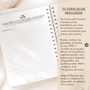 Hoja de escritura del diario en español con líneas para responder a las 1000 preguntas de reflexión, diseñada para imprimir o uso digital.