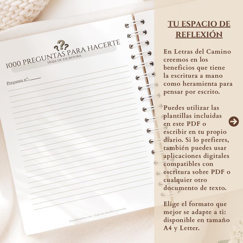 Hoja de escritura del diario en español con líneas para responder a las 1000 preguntas de reflexión, diseñada para imprimir o uso digital.