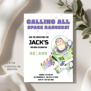 May include: A rectangular birthday invitation card featuring a watercolour illustration of a space ranger character in a white, green, and purple suit. The text reads: CALLING ALL SPACE RANGERS! JOIN THE ADVENTURE FOR JACK'S BIRTHDAY CELEBRATION 28 AUG.