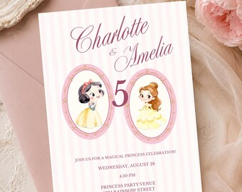 Princess Birthday Invitation for Twins, Editable Party Invite