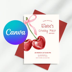 Op de afbeelding: Een witte verjaardagsuitnodigingskaart met een aquarelillustratie van twee rode kersen vastgebonden met een roze lint. De tekst luidt: Please join us for Eloise's Cherry First Birthday, 20 March at 8:00 PM, 123 Anywhere St., Any City, ST 12345, RSVP to name +123-456-7890.
