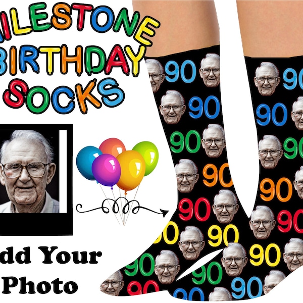 90th Birthday Socks, Milestone Birthday Socks Gift, Happy Birthday|Funny Age Socks|Novelty Gifts|Birthday Balloon Font Socks|Fun Unique Gift