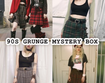 90s Grunge Mystery Box Thrifted Vintage Grungy Plaid Checked Skirt Grungey Shirt Y2K 1990s Style Bundle Surprise Clothing Gift Box