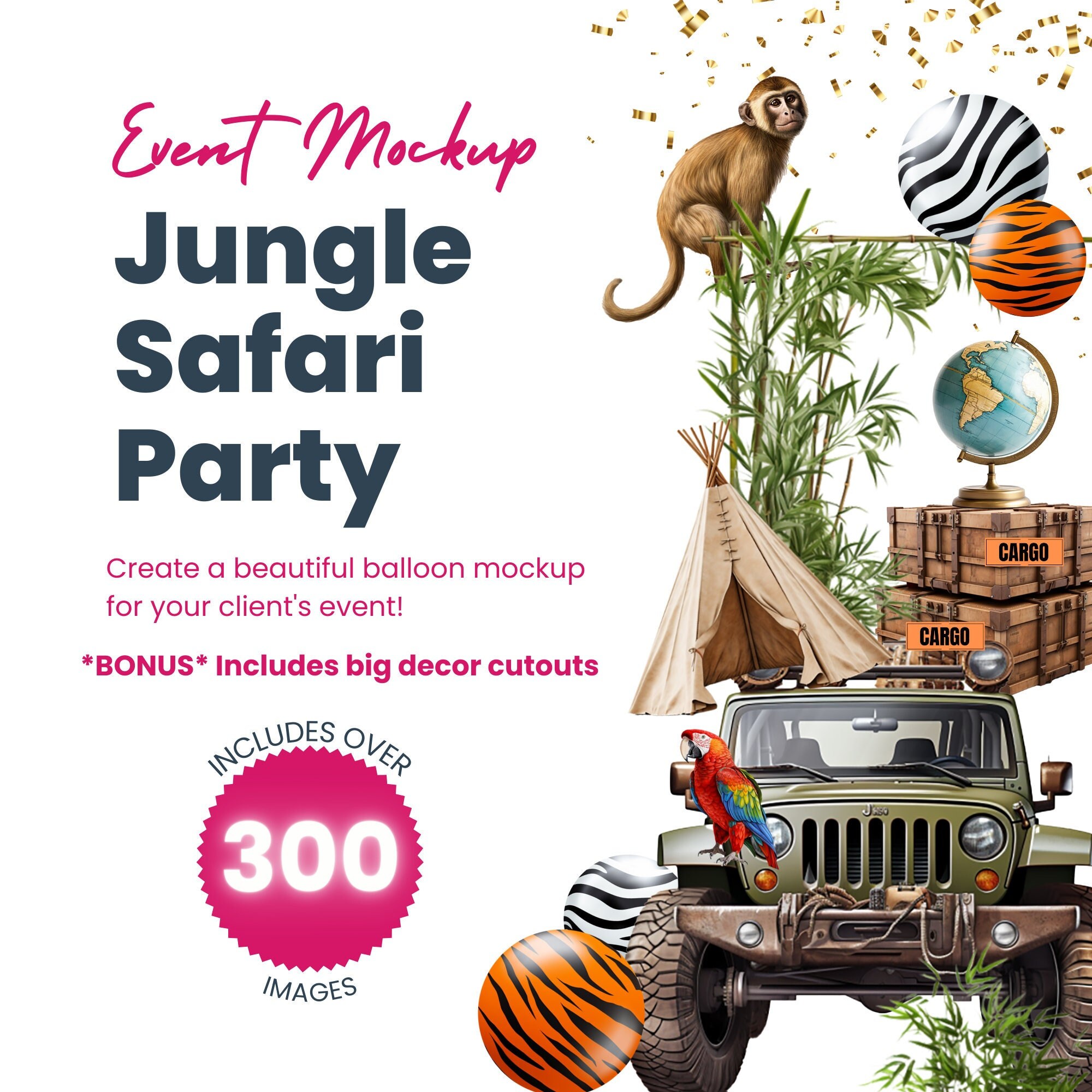 Event Mockup Jungle Safari theme, 300+ images and BIG DECOR Cutouts for custom party mockups, For event planners, Digital, Instant download