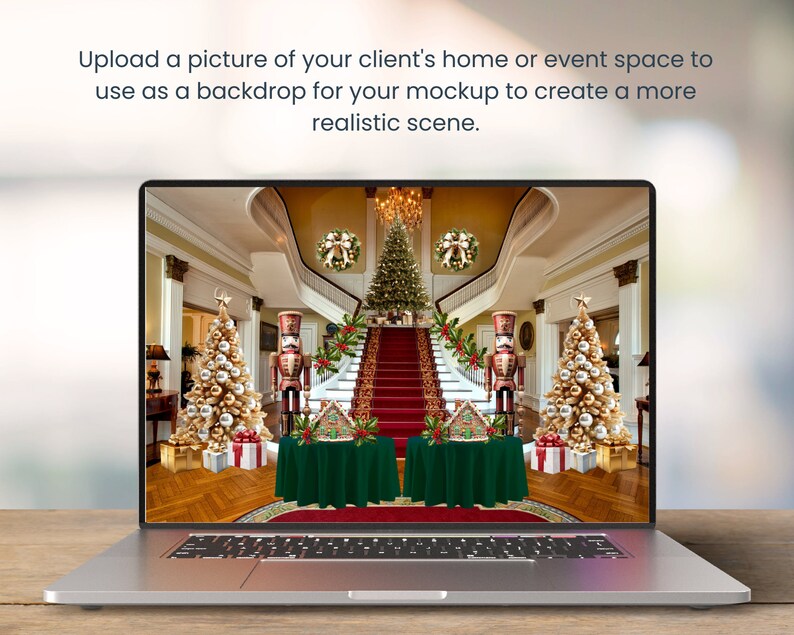 May include: A laptop computer screen displaying a photo of a grand, decorated home interior with a staircase, two Christmas trees, and a nutcracker figurine. The home is decorated with wreaths, garlands, and red and green accents.