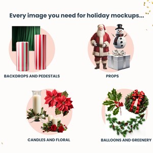 May include: A collection of holiday themed props and backdrops for mockups.  The image shows red and white striped pedestals, a green backdrop, a Santa Claus figurine, a snowman figurine, a gift box, candles, poinsettias, a wreath, and greenery.