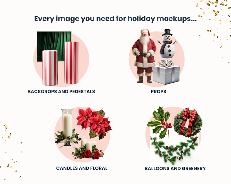 May include: A collection of holiday themed props and backdrops for mockups.  The image shows red and white striped pedestals, a green backdrop, a Santa Claus figurine, a snowman figurine, a gift box, candles, poinsettias, a wreath, and greenery.