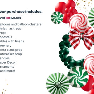 May include: Over 170 images of Christmas decorations, including red and green candy cane ornaments, green and white striped paper fans, red and white striped bows, and green balloons. The text "Your purchase includes: OVER 170 IMAGES" is visible at the top of the image.