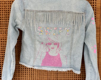 Custom Text Kids Jean Jacket, Taylor Swift Eras Tour, Gem Baby Jean Jacket with Pearls, 90s Personalized Denim for Pre Teen Girls Boys Gift