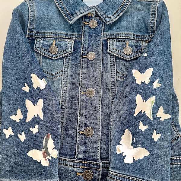 Personalized Kids' Jean Jacket with Glitter Name & Butterfly Sleeves - Perfect for Birthdays and Holidays!