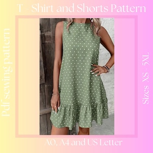 Può includere: Un abito verde senza maniche con pois bianchi e un orlo a balze. L'abito è disponibile nelle taglie XS-5XL e può essere stampato su carta A0, A4 e US Letter.