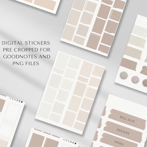 Può includere: Sticker digitali per planner in una tavolozza di colori neutri. Gli sticker sono pre-ritagliati per Goodnotes e sono file PNG. Gli sticker includono varie forme e dimensioni di note di carta rigata, a griglia e liscia, oltre ad alcuni elementi decorativi.