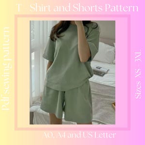 May include: A green t-shirt and shorts sewing pattern in sizes XS-3XL. The pattern is available in A0, A4, and US Letter sizes.  Pdf sewing pattern.