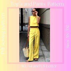 Può includere: Un top corto giallo senza maniche e pantaloni larghi abbinati. L'outfit è completato da una borsa di paglia e occhiali da sole. Il testo "Top's and Pants Pattern" e "Sizes XS-5XL" è visibile nell'immagine. Il testo "AO, A4 and US Letter" è anche visibile.