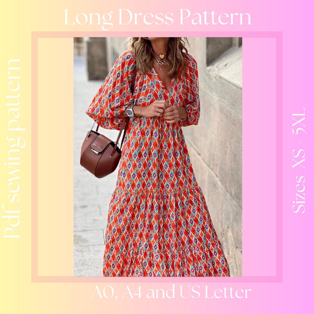 Women's Long Boho Dress Sewing Pattern | XS - 5XL | Puff Sleeve Pattern ...