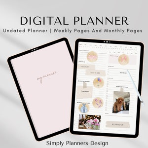 Può includere: Un'app di pianificazione digitale sullo schermo di un tablet. L'app ha uno sfondo rosa con il testo "my PLANNER" nell'angolo in alto a sinistra. L'app ha una vista settimanale con un elenco di cose da fare, un elenco di priorità e una sezione di promemoria. L'app ha anche una vista mensile con un calendario e una sezione per le note.