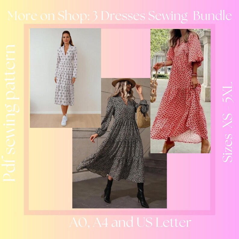 May include: Image features three dresses, each with a unique design. One is white with a black pattern, another is red with a geometric print, and the third is black with a floral pattern. The text reads "3 Dresses Sewing Bundle" and "Sizes XS - 5XL".