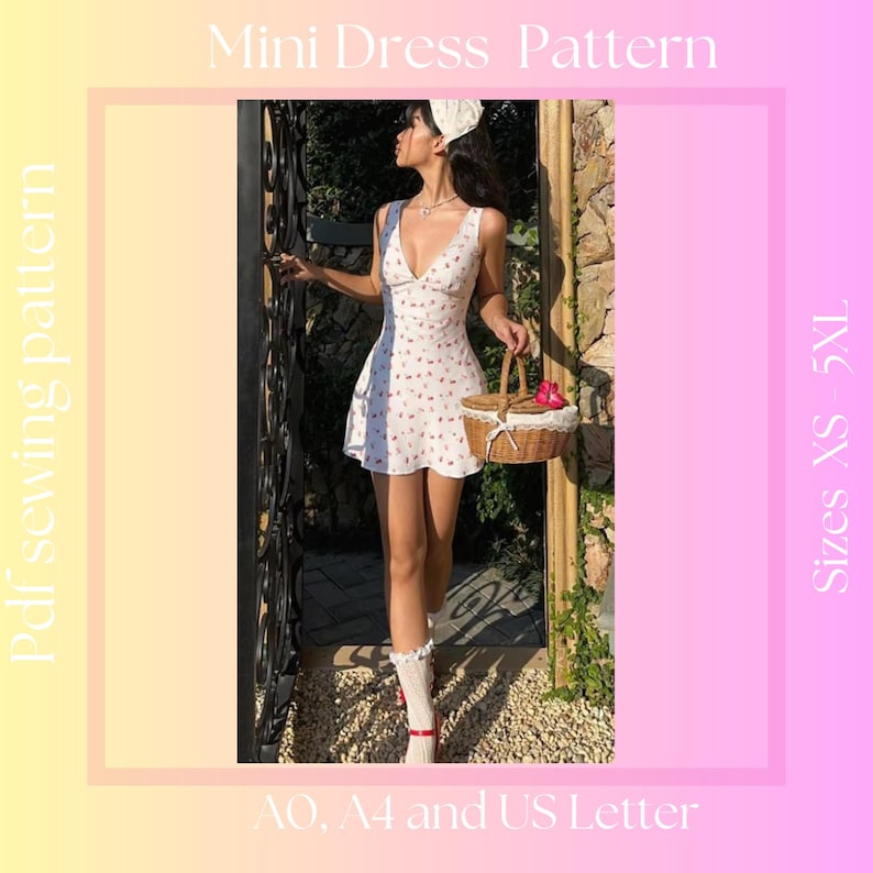May include: A white mini dress sewing pattern with a floral print, sizes XS-5XL. The image shows a woman wearing the dress, holding a basket. The text on the image says "Mini Dress Pattern" and "Pdf sewing pattern".