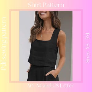 Può includere: Una camicia nera senza maniche con scollo quadrato. La camicia è corta e ha una vestibilità rilassata. La camicia è disponibile nelle taglie XS-5XL. Il modello è disponibile nei formati A0, A4 e US Letter.