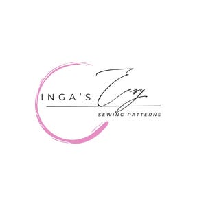May include: Logo for "Inga's Easy Sewing Patterns" in black script and sans-serif font. The logo features a pink, brushstroke-style circle around the words "Inga's" and a thin black line under the words. The words "Sewing Patterns" are below the line.