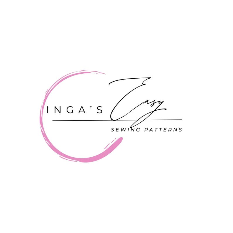 May include: Logo for "Inga's Easy Sewing Patterns" in black script and sans-serif font. The logo features a pink, brushstroke-style circle around the words "Inga's" and a thin black line under the words. The words "Sewing Patterns" are below the line.
