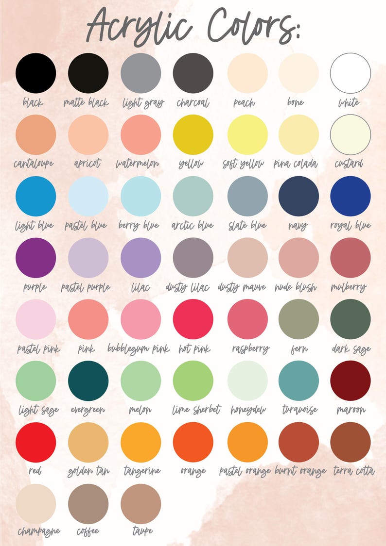 K&ouml;nnte beinhalten: Eine Farbkarte mit der Aufschrift "Acrylic Colors" mit einer Vielzahl von Farbt&ouml;nen. Die Karte enth&auml;lt Farbt&ouml;ne wie Schwarz, Wei&szlig; und Grau sowie Pastellt&ouml;ne und leuchtende Farben wie Rosa, Blau und Gelb. Die Farben sind in einem Raster angeordnet.