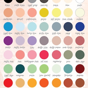 May include: A color chart titled "Acrylic Colors" displays a variety of paint colors in circular swatches. Colors include black, white, blue, pink, green, yellow, orange, and brown. Each color is labeled with its name in a handwritten font.