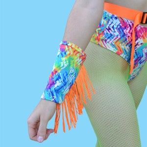 Neon Vibe Wrist Wraps with Orange Fringe
