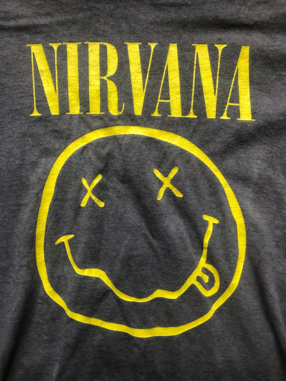 Vintage Gildan Nirvana Yellow Smiley Face Gray T-… - image 2