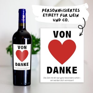 Etikett Aufkleber personalisiert für Weinflasche | Danke Geschenk Freundin, Abschied Kollegin, Ruhestand Rente | großes Herz Weinetikett