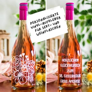 Aufkleber personalisiert für Wein oder Sektflasche | Gruß mit Namen Flasche | Widmung Etikett | Geschenk | 2 Aufkleber Blume und Wunschtext