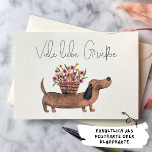 Postkarte Dackel mit Blumen aquarell, DIN A6 Grußkarte Klappkarte mit Umschlag, Liebe Grüße