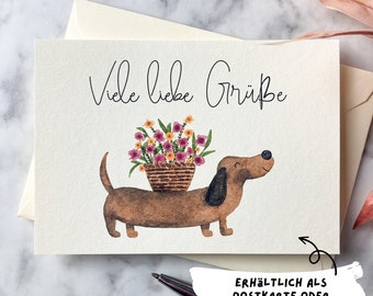 Postkarte Dackel mit Blumen aquarell, DIN A6 Grußkarte Klappkarte mit Umschlag, Liebe Grüße