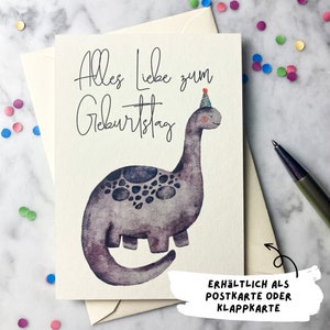 Geburtstagskarte Dino, DIN A6 Postkarte Klappkarte Dinosaurier, Alles Liebe zum Geburtstag, Geschenk Dino, Diplodocus aquarell