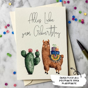 Geburtstagskarte Alpaka aquarell, Postkarte DIN A6 Postkarte oder Klappkarte mit Umschlag, Karte Geburtstag Geschenk Lama Kaktus