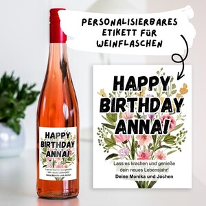 Personalisiertes Flaschenetikett | Aufkleber für Weinflaschen | Geburtstag Blumen Happy Birthday