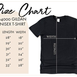 May include: Size chart for a unisex t-shirt, showing measurements in inches for length and width. The chart includes sizes S, M, L, XL, 2X, and 3X. A black t-shirt is shown next to the chart.