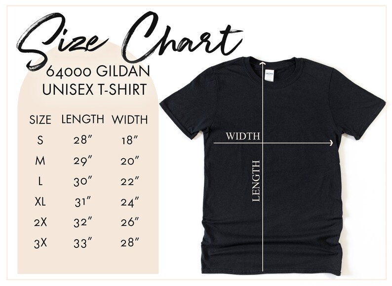 May include: Size chart for a unisex t-shirt, showing measurements in inches for length and width. The chart includes sizes S, M, L, XL, 2X, and 3X. A black t-shirt is shown next to the chart.