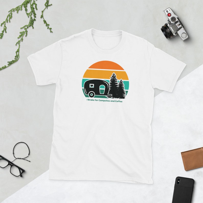 I brake for Campsites and Coffee! Short-Sleeve Tee, Black and White