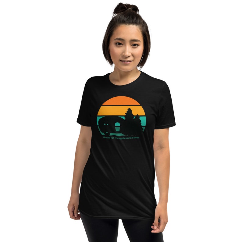 I brake for Campsites and Coffee! Short-Sleeve Tee, Black and White