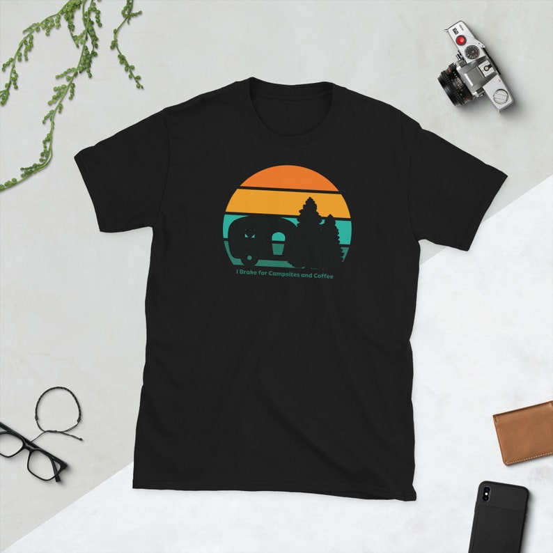 I brake for Campsites and Coffee! Short-Sleeve Tee, Black and White