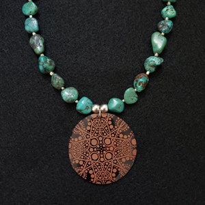 Turquoise necklace, Statement pendant etched shell design