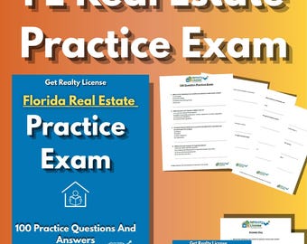 May include: Image of Florida Real Estate Practice Exam materials. The image includes a blue booklet with the title "Florida Real Estate Practice Exam" and "100 Practice Questions And Answers". Also included is an answer key and practice exam pages.