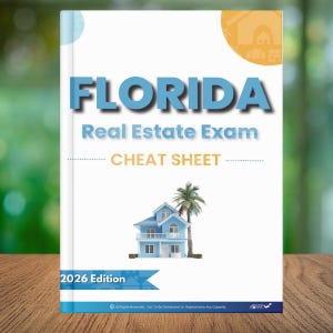 May include: A book cover for the Florida Real Estate Exam Cheat Sheet. The title "FLORIDA" is in large blue letters. Below, "Real Estate Exam" and "CHEAT SHEET" are in smaller text. A blue house and palm tree are featured. The edition is 2026.