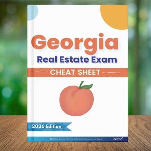 May include: A book cover with the title "Georgia Real Estate Exam" in orange letters. Below, the text "CHEAT SHEET" is displayed. A peach illustration is centered on the cover. The edition is labeled "2026 Edition".