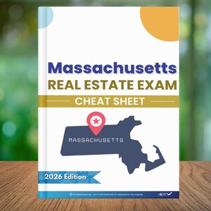 May include: A book cover with the title "Massachusetts Real Estate Exam Cheat Sheet." The cover features the state's outline, a red location pin, and the text "2026 Edition." The title is in blue and the subtitle is in gold.
